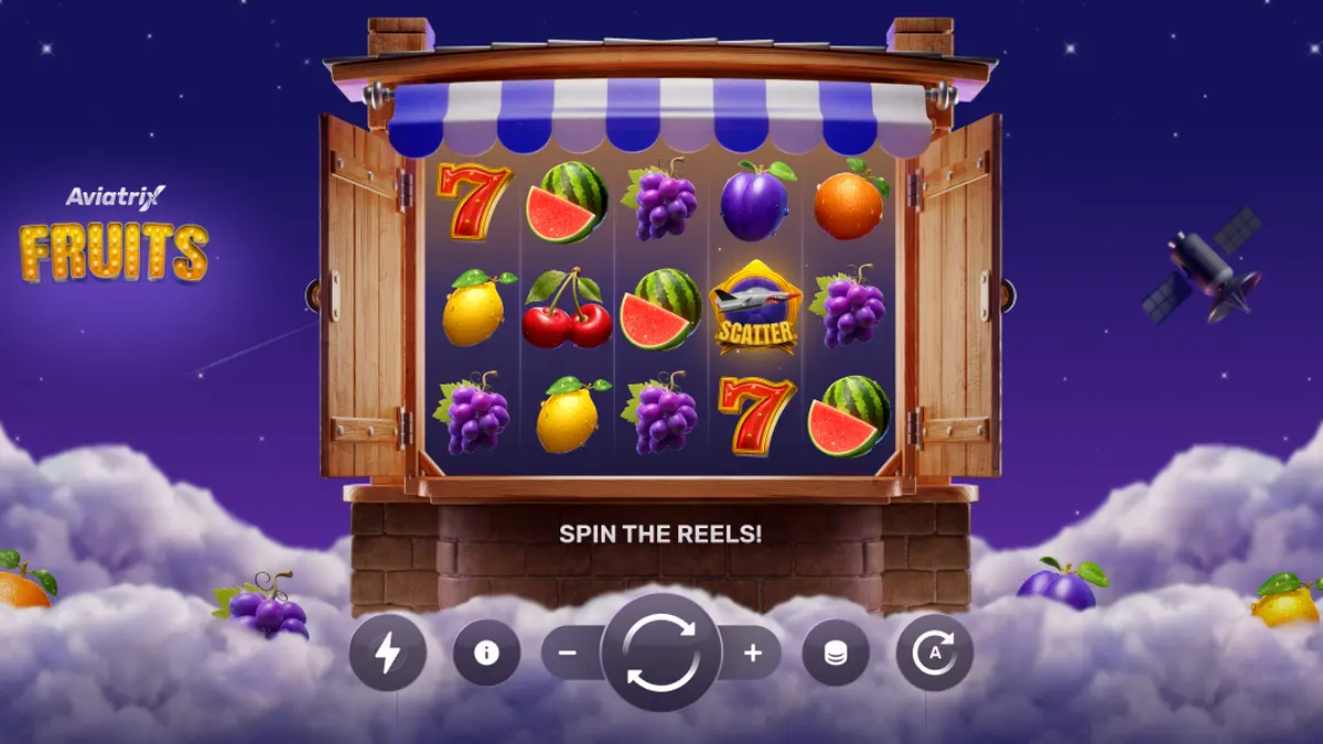 Tampilan layar permainan slot Aviatrix Fruits dengan elemen pesawat dan simbol buah klasik.