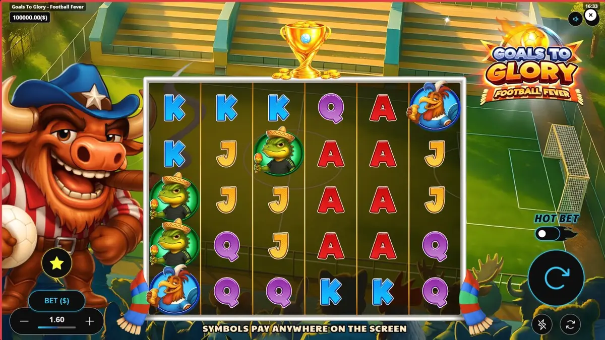 Tampilan visual ceria dari slot Goals to Glory Football Fever dengan karakter hewan pemain sepak bola.